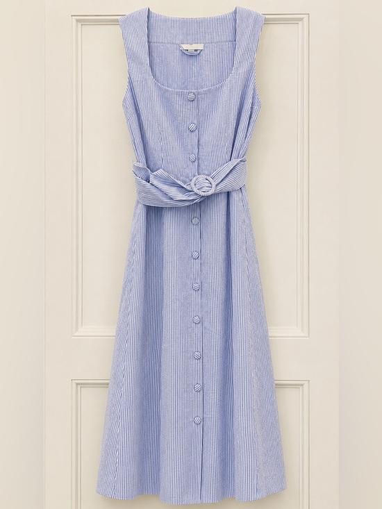 Tuckernuck Dresses & Skirts - Light Blue Striped Sleeveless Button-Front Dress with Waist Tie